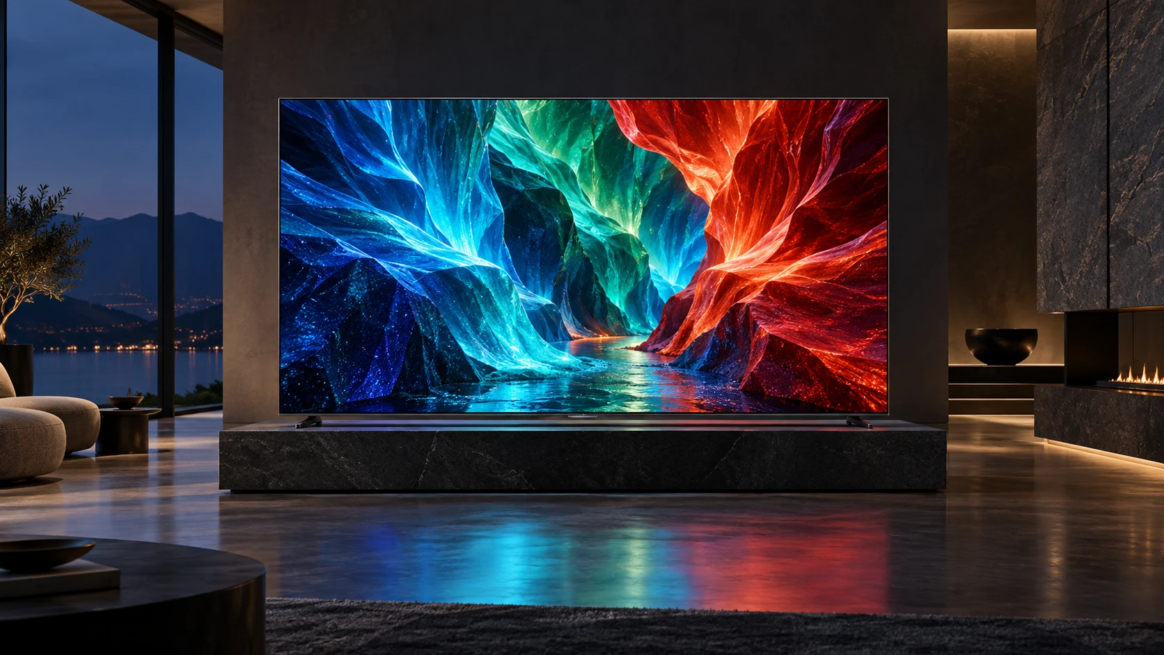선명한 청록·블루·레드 컬러를 표현하는 대형 Micro RGB TV 공간 콘셉트